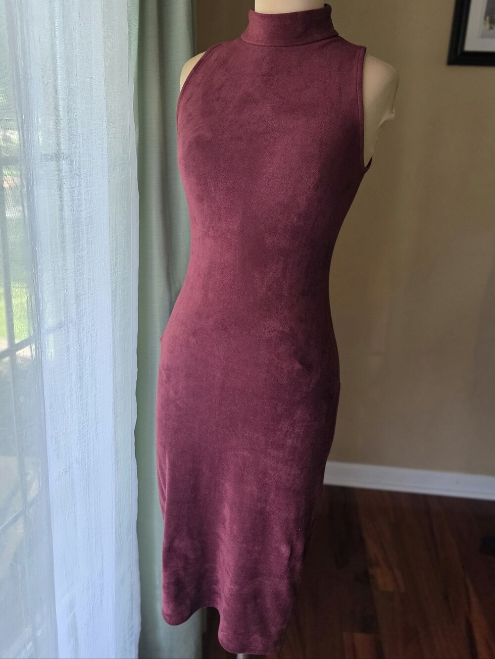 RD Style Burgundy Faux Suede Mock Neck Sleeveless Sheath Midi‎ Bodycon Dress XS